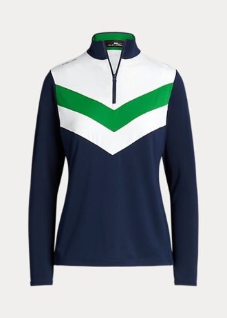 Marineblaue / grüne Ralph Lauren Chevron-Streifen-Sweatshirts mit Viertelreißverschluss für Damen