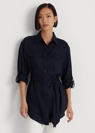 Marineblaue Leinenhemden mit Gürtel für Damen von Ralph Lauren