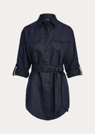Marineblaue Leinenhemden mit Gürtel für Damen von Ralph Lauren