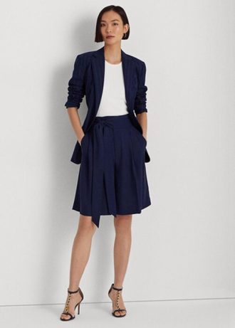 Marineblaue, plissierte Georgette-Shorts mit weitem Bein von Ralph Lauren für Damen