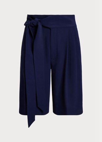 Marineblaue, plissierte Georgette-Shorts mit weitem Bein von Ralph Lauren für Damen
