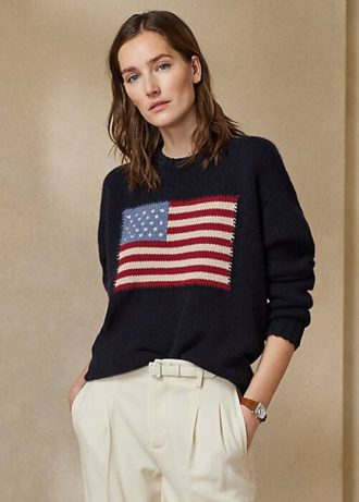 Marineblaue Polo Ralph Lauren Flag Kaschmirpullover mit Rundhalsausschnitt für Damen