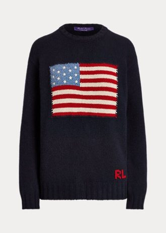 Marineblaue Polo Ralph Lauren Flag Kaschmirpullover mit Rundhalsausschnitt für Damen
