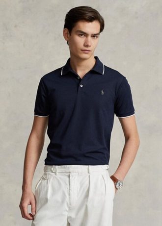 Marineblaue Poloshirts für Herren von Ralph Lauren Custom Slim Fit Birdseye