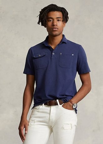 Marineblaue Poloshirts mit klassischer Passform und Netztasche für Herren von Ralph Lauren