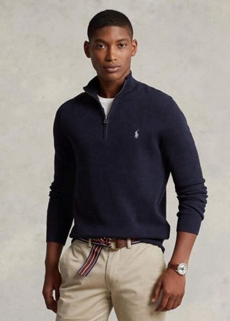 Marineblaue Pullover mit Viertelreißverschluss aus strukturierter Baumwolle von Ralph Lauren für Herren