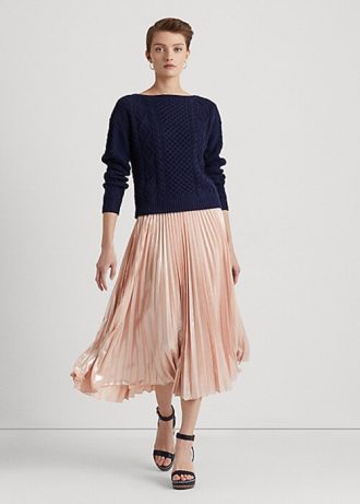 Marineblaue Ralph Lauren Aran-Strick-Pullover aus Baumwolle mit U-Boot-Ausschnitt für Damen