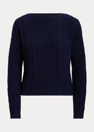 Marineblaue Ralph Lauren Aran-Strick-Pullover aus Baumwolle mit U-Boot-Ausschnitt für Damen