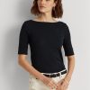 Marineblaue Ralph Lauren Baumwoll-Oberteile mit U-Boot-Ausschnitt für Damen
