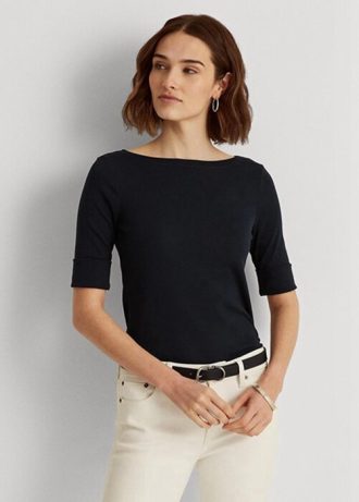 Marineblaue Ralph Lauren Baumwoll-Oberteile mit U-Boot-Ausschnitt für Damen