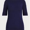 Marineblaue Ralph Lauren Baumwoll-Oberteile mit U-Boot-Ausschnitt für Damen