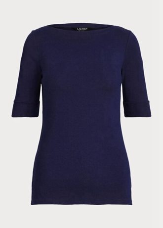 Marineblaue Ralph Lauren Baumwoll-Oberteile mit U-Boot-Ausschnitt für Damen
