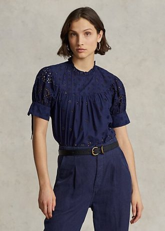 Marineblaue Ralph Lauren Baumwolloberteile mit Ösenstickerei für Damen
