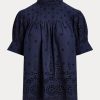Marineblaue Ralph Lauren Baumwolloberteile mit Ösenstickerei für Damen Marineblaue Ralph Lauren Baumwolloberteile mit Ösenstickerei für Damen
