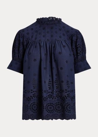 Marineblaue Ralph Lauren Baumwolloberteile mit Ösenstickerei für Damen