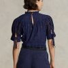 Marineblaue Ralph Lauren Baumwolloberteile mit Ösenstickerei für Damen Marineblaue Ralph Lauren Baumwolloberteile mit Ösenstickerei für Damen