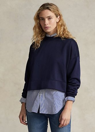 Marineblaue Ralph Lauren Boxy-Sweatshirts aus französischem Frottee mit Wildleder-Patch für Damen