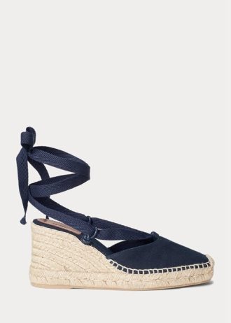Marineblaue Ralph Lauren Canvas-Espadrilles mit Keilabsatz für Damen
