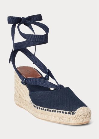 Marineblaue Ralph Lauren Canvas-Espadrilles mit Keilabsatz für Damen