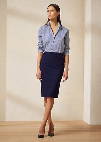 Marineblaue Ralph Lauren Cindy Stretch-Wollkreppröcke für Damen