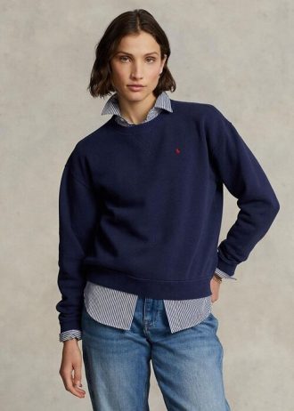 Marineblaue Ralph Lauren Fleece-Pullover mit Rundhalsausschnitt für Damen Marineblaue Ralph Lauren Fleece-Pullover mit Rundhalsausschnitt für Damen
