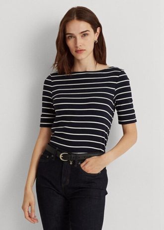Marineblaue Ralph Lauren gestreifte Oberteile mit U-Boot-Ausschnitt für Damen