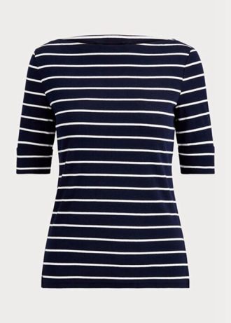 Marineblaue Ralph Lauren gestreifte Oberteile mit U-Boot-Ausschnitt für Damen