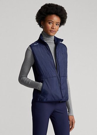 Marineblaue Ralph Lauren Hybrid-Weste mit durchgehendem Reißverschluss und gesteppter Vorderseite für Damen