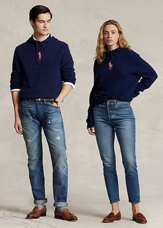 Marineblaue Ralph Lauren Kaschmir-Kapuzenpullover mit Pony-Zopfmuster für Damen