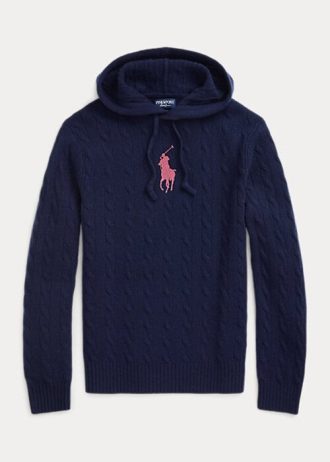 Marineblaue Ralph Lauren Kaschmir-Kapuzenpullover mit Pony-Zopfmuster für Damen