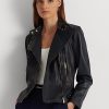 Marineblaue Ralph Lauren Motorradjacken aus getrommeltem Leder für Damen Marineblaue Ralph Lauren Motorradjacken aus getrommeltem Leder für Damen