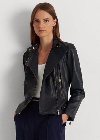 Marineblaue Ralph Lauren Motorradjacken aus getrommeltem Leder für Damen Marineblaue Ralph Lauren Motorradjacken aus getrommeltem Leder für Damen