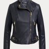 Marineblaue Ralph Lauren Motorradjacken aus getrommeltem Leder für Damen Marineblaue Ralph Lauren Motorradjacken aus getrommeltem Leder für Damen