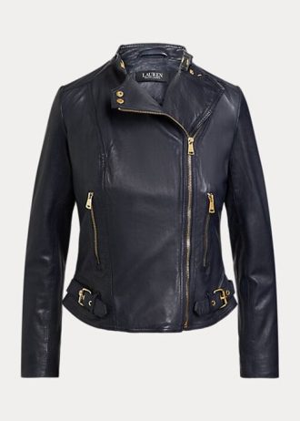 Marineblaue Ralph Lauren Motorradjacken aus getrommeltem Leder für Damen Marineblaue Ralph Lauren Motorradjacken aus getrommeltem Leder für Damen