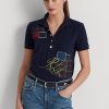 Marineblaue Ralph Lauren Patchwork-Piqué-Poloshirts für Damen Marineblaue Ralph Lauren Patchwork-Piqué-Poloshirts für Damen