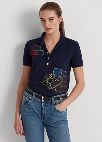 Marineblaue Ralph Lauren Patchwork-Piqué-Poloshirts für Damen Marineblaue Ralph Lauren Patchwork-Piqué-Poloshirts für Damen