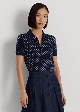 Marineblaue Ralph Lauren Polka-Dot Piqué-Poloshirts für Damen