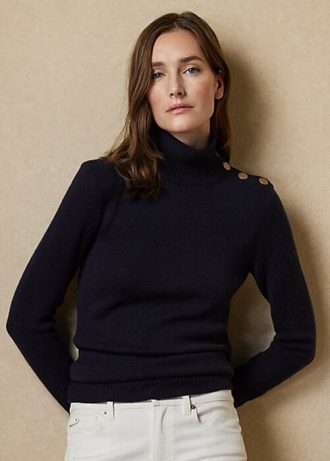 Marineblaue Ralph Lauren Rollkragenpullover aus Kaschmir mit Knöpfen für Damen