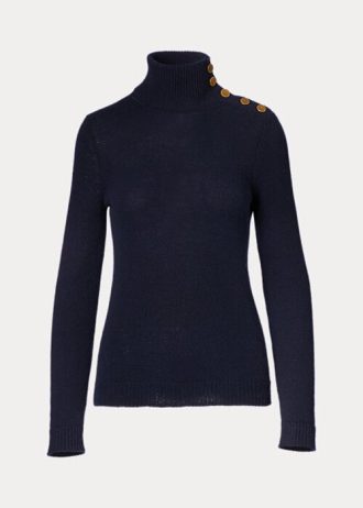 Marineblaue Ralph Lauren Rollkragenpullover aus Kaschmir mit Knöpfen für Damen