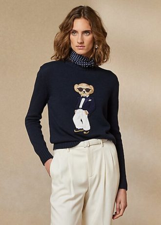 Marineblaue Ralph Lauren Tuxedo Bear Baumwollpullover für Damen