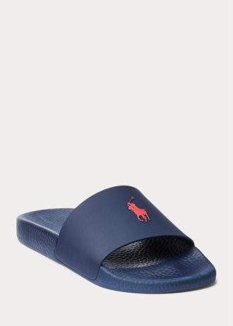 Marineblaue/rote Ralph Lauren Signature Pony-Hausschuhe für Herren