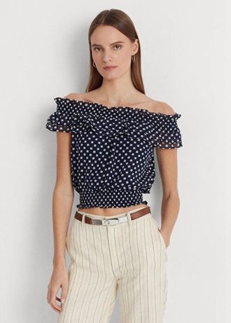 Marineblaue, schulterfreie Blusenoberteile mit Polka-Dot-Muster für Damen von Ralph Lauren
