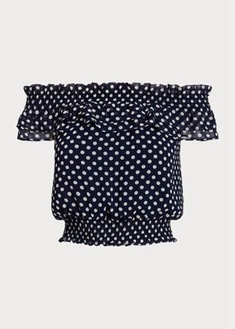 Marineblaue, schulterfreie Blusenoberteile mit Polka-Dot-Muster für Damen von Ralph Lauren