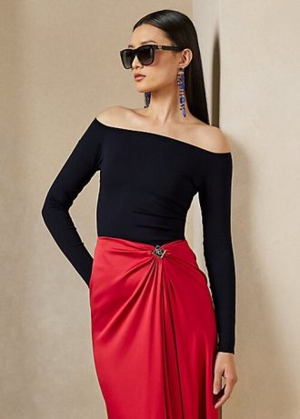 Marineblaue schulterfreie Pullover aus Maulbeerseide für Damen von Ralph Lauren