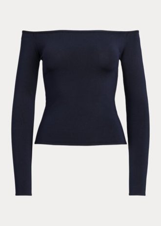 Marineblaue schulterfreie Pullover aus Maulbeerseide für Damen von Ralph Lauren