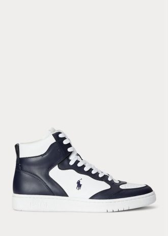 Marineblaue / weiße High-Top-Sneakers aus Leder von Ralph Lauren Court für Herren