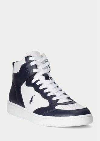 Marineblaue / weiße High-Top-Sneakers aus Leder von Ralph Lauren Court für Herren