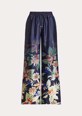 Marineblaue, weit geschnittene Charmeuse-Hose mit Blumenmuster von Ralph Lauren für Damen Marineblaue, weit geschnittene Charmeuse-Hose mit Blumenmuster von Ralph Lauren für Damen