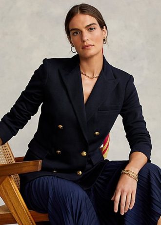 Marineblaue, zweireihige Strickblazer von Ralph Lauren für Damen