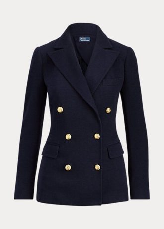 Marineblaue, zweireihige Strickblazer von Ralph Lauren für Damen